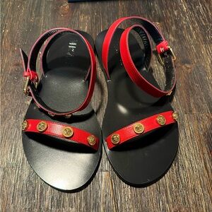 Versace Red Leather Logo Medusa Stud Tribute Ankle Strap Sandals